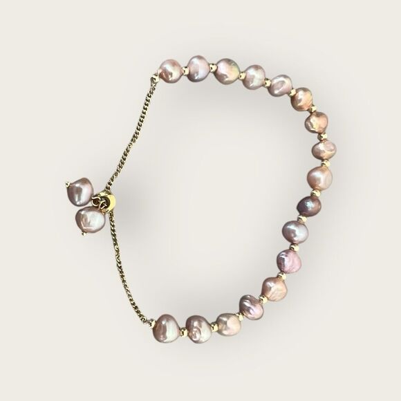 Pink faux pearls adjustable bracelet gold plated beads - Picture 4 of 5